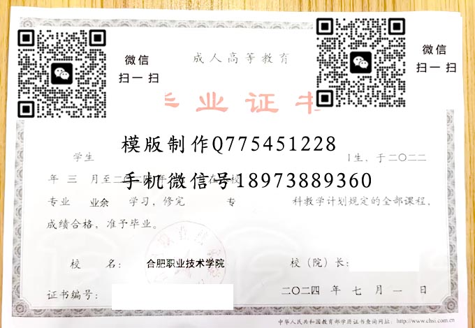 合肥职业技术学院毕业证样本2024年成人大专毕业证模版图片
