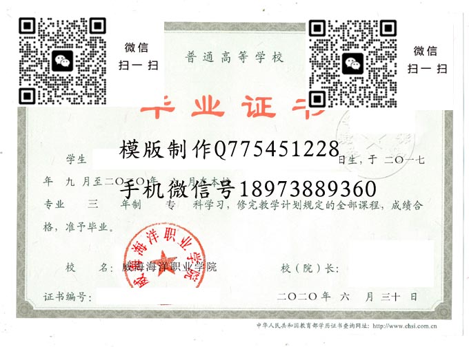 威海海洋职业学院毕业证样本全日制模版图片