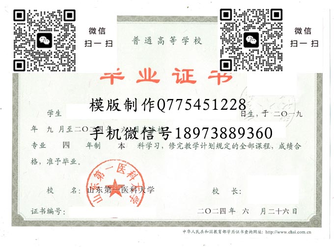 山东第一医科大学毕业证样本全日制本科模版图片