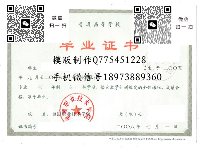 巢湖职业技术学院毕业证样本2008年全日制大专毕业证模版图片