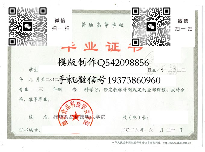 潍坊食品科技职业学院毕业证样本全日制模版图片