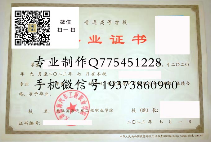 天津滨海汽车工程职业学院毕业证样本模版图片