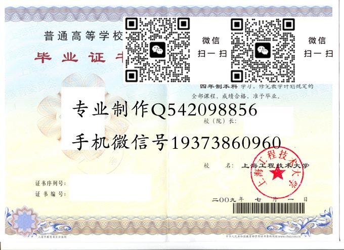 上海工程技术大学毕业证样本2009年全日制本科毕业证模版图片