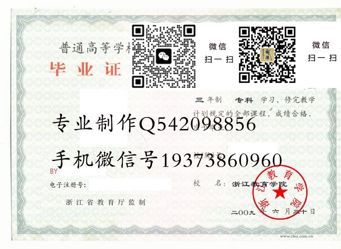 浙江教育学院毕业证样本2009年全日制本科毕业证模版图片