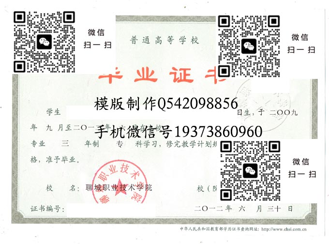 聊城职业技术学院毕业证样本全日制模版图片