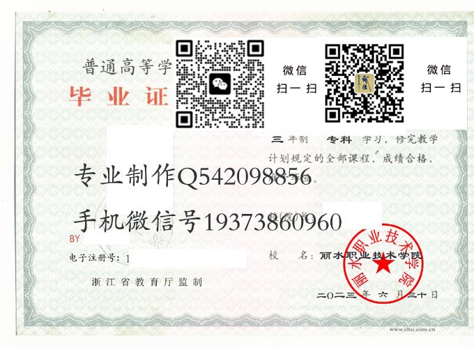 丽水职业技术学院毕业证样本2023年全日制大专毕业证模版图片
