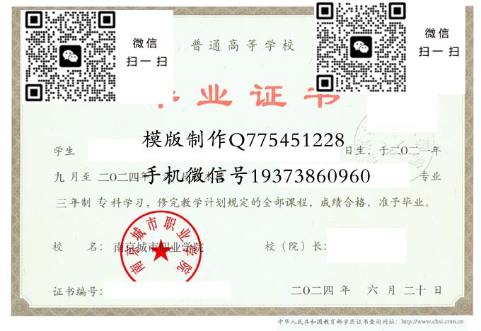 南京城市职业学院毕业证样本2024年全日制大专毕业证模版图片