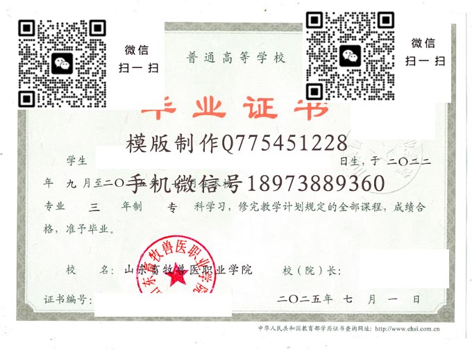 山东畜牧兽医职业学院毕业证样本全日制模版图片