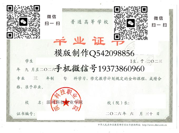 滨州科技职业学院毕业证样本全日制模版图片