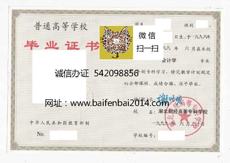 湖北财经高等专科学校毕业证样本