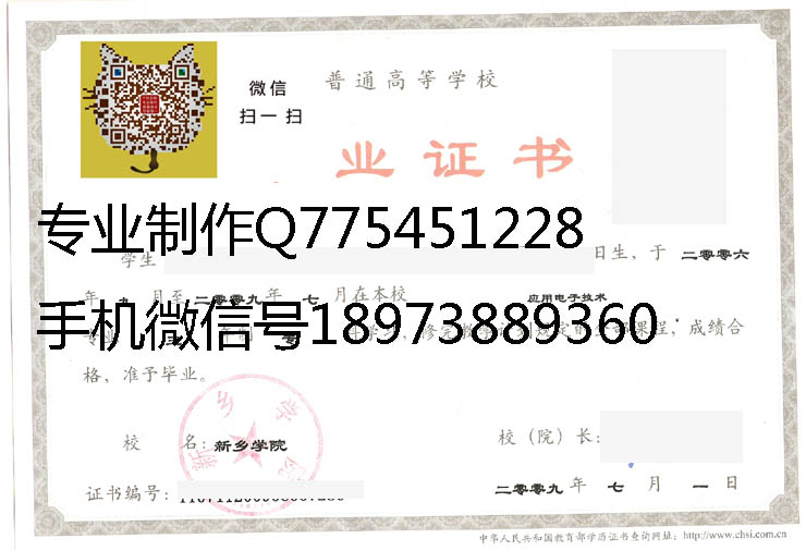 新乡学院2009年毕业证样本