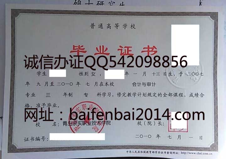 青岛求实职业技术学院2010年毕业证样本