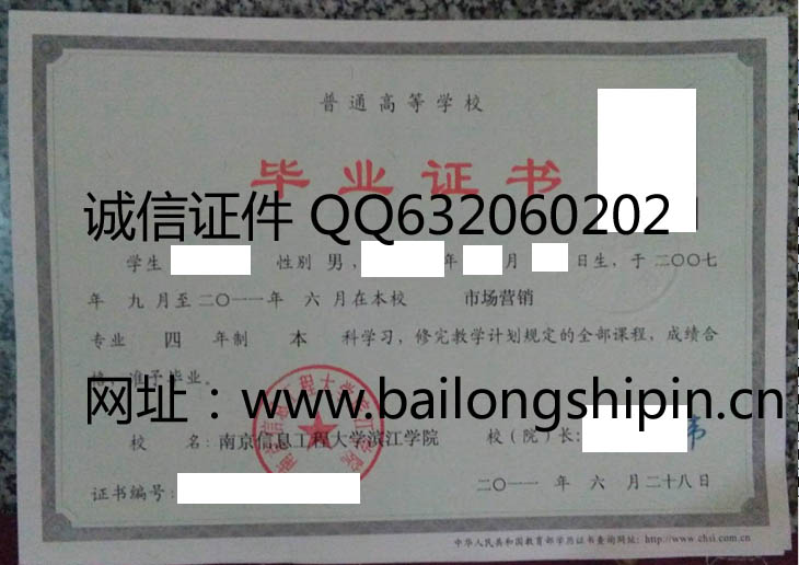 南京信息工程大学滨江学院毕业证样本