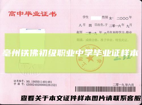 亳州铁佛初级职业中学毕业证样本