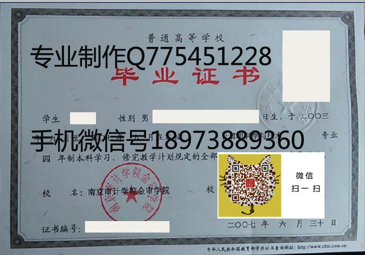 南京审计学院金审学院毕业证样本