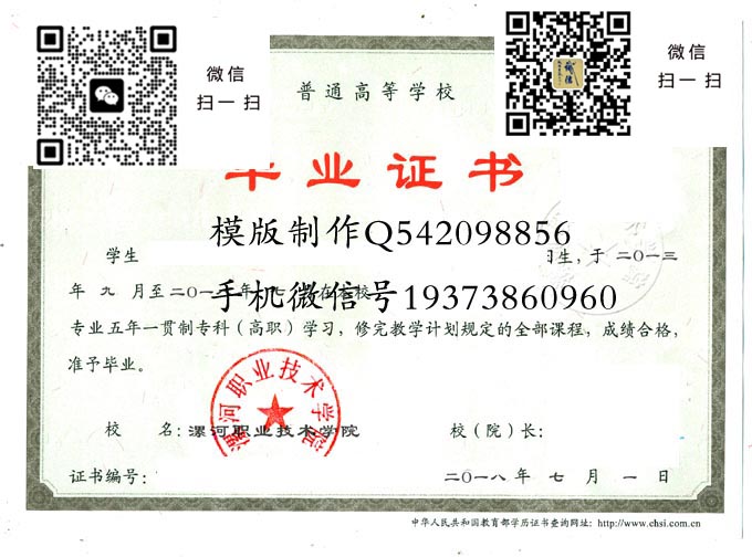 漯河职业技术学院毕业证样本模版图片