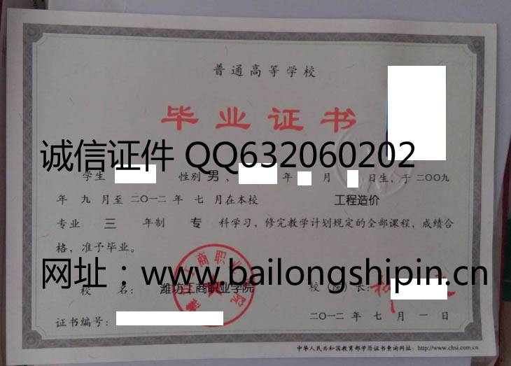 潍坊工商职业学院2012年毕业证样本