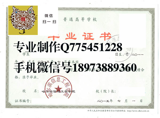 哈尔滨信息工程学院2015年毕业证样本