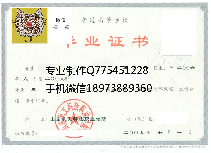山东凯文科技职业学院毕业证样本