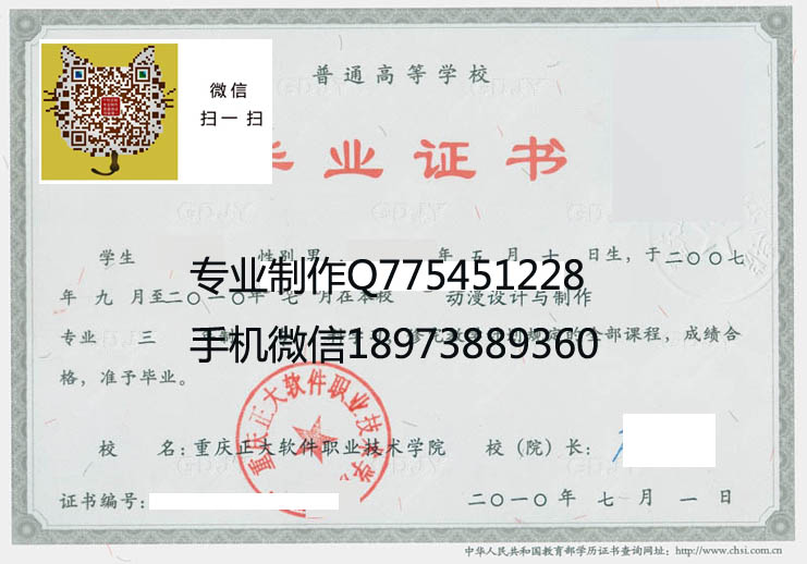 重庆正大软件职业技术学院毕业证样本