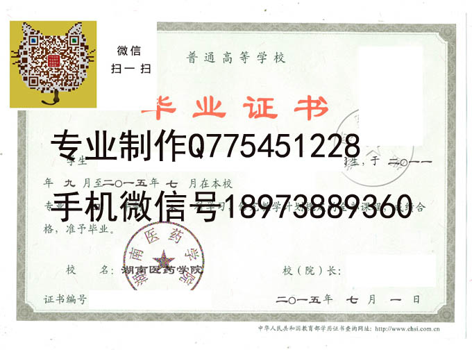 湖南医药学院毕业证样本