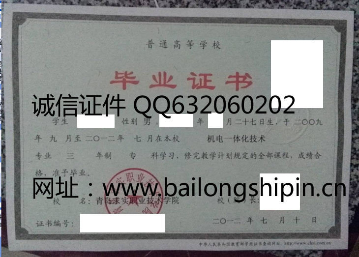 青岛求实职业技术学院毕业证样本