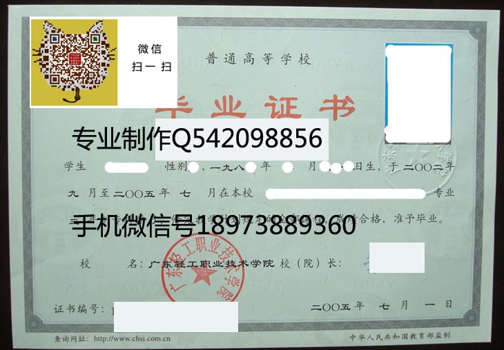 广东轻工职业技术学院2005年毕业证样本