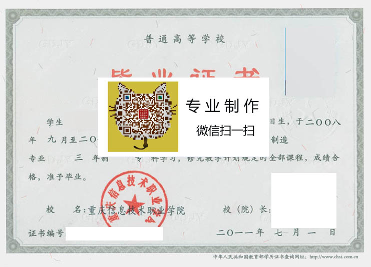 重庆信息技术职业学院11年毕业证样本