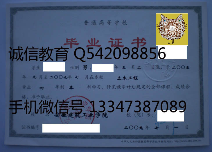 安徽建筑工业学院2009年毕业证样本