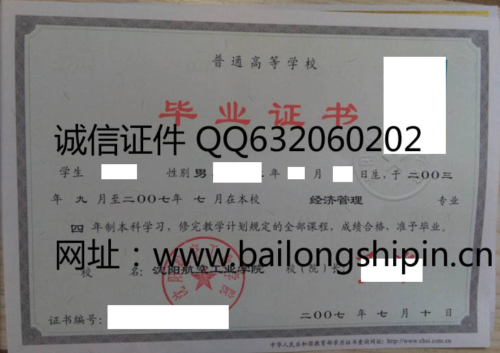 沈阳航空工业学院2007年毕业证样本