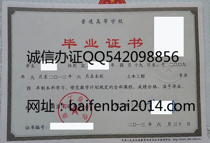 南京工业大学2013年毕业证样本