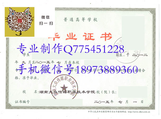 湖南大众传媒职业技术学院毕业证样本