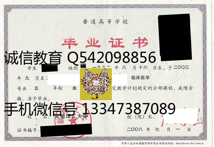 安徽理工大学2008年毕业证样本