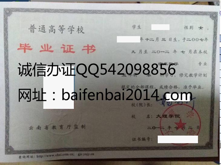 大理学院2012年毕业证样本