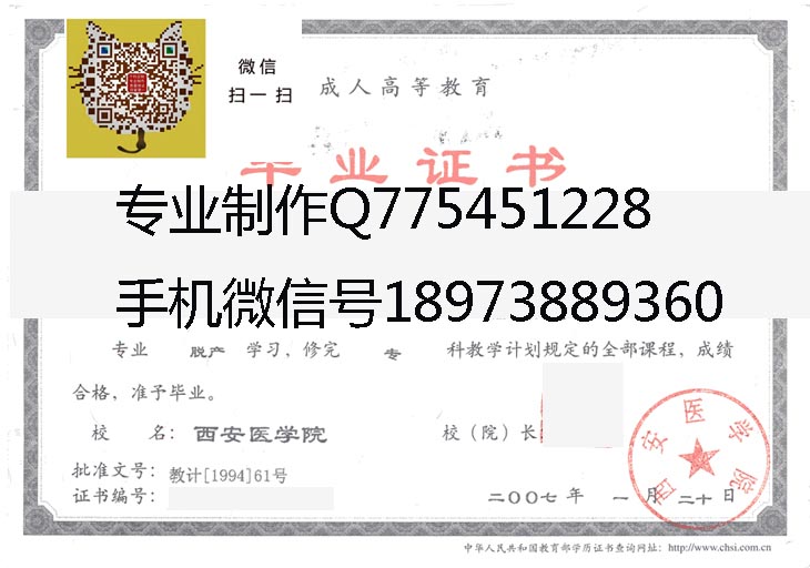 西安医学院2007年毕业证样本