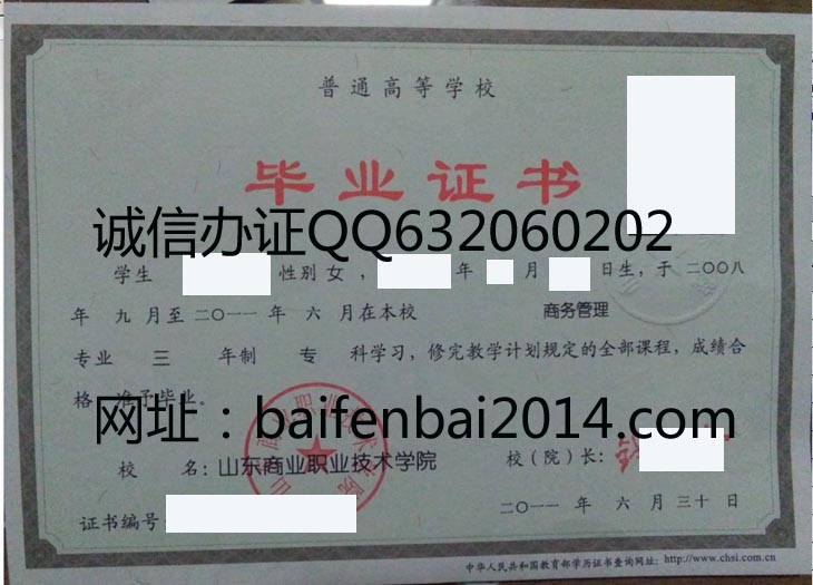 山东商业职业技术学院2011年毕业证样本