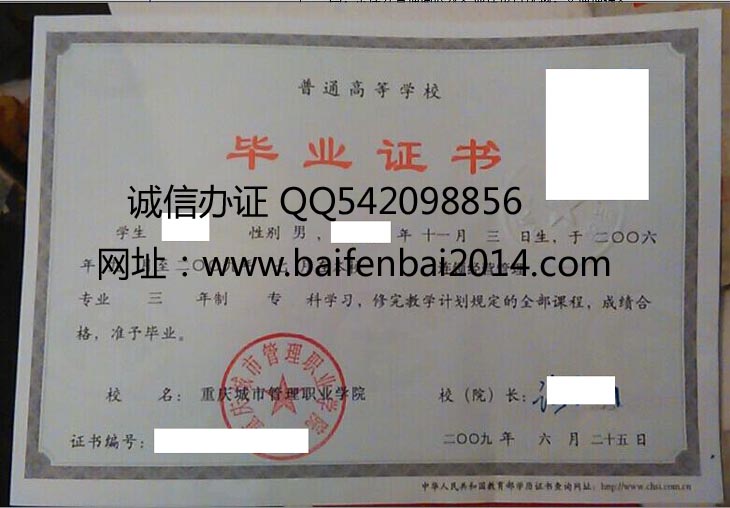 重庆城市管理职业学院毕业证样本