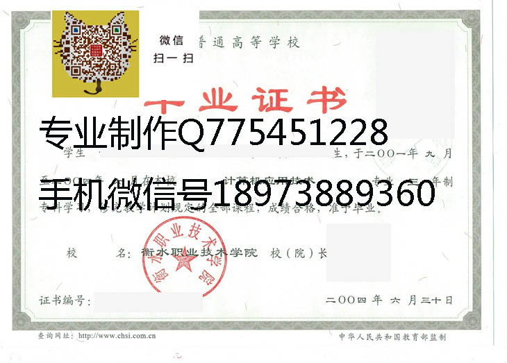 衡水职业技术学院2004年毕业证样本