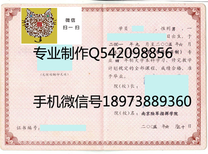 南京陆军指挥学院05年毕业证样本