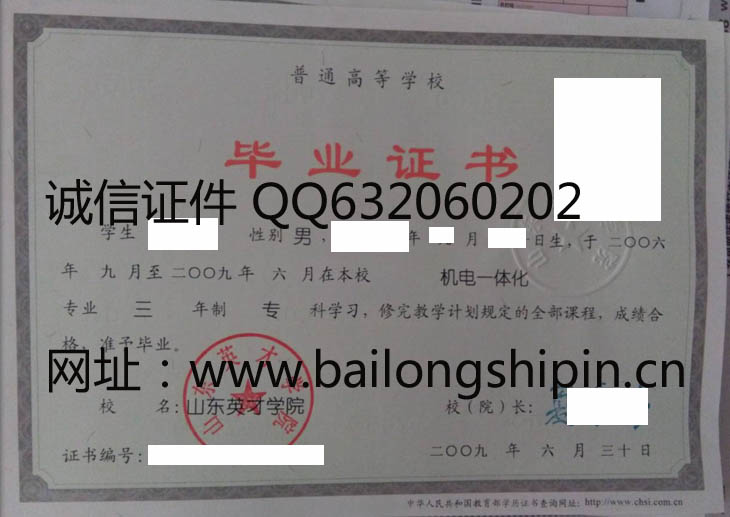 山东英才学院2009年毕业证样本