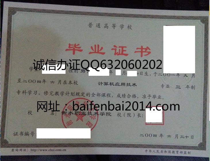 衡水职业技术学院2004年毕业证样本