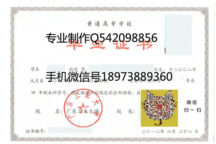 广东工业大学毕业证样本