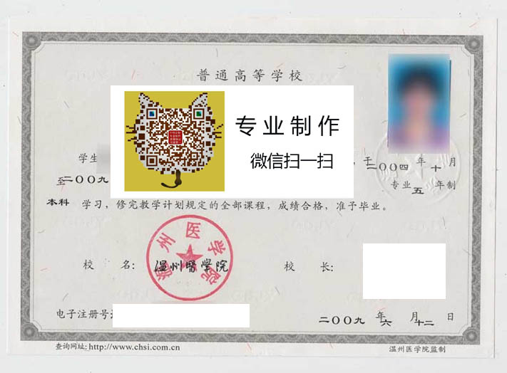 温州医学院2009年毕业证样本
