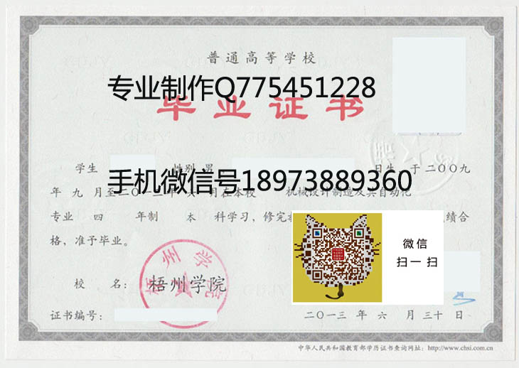 梧州学院2013年毕业证样本